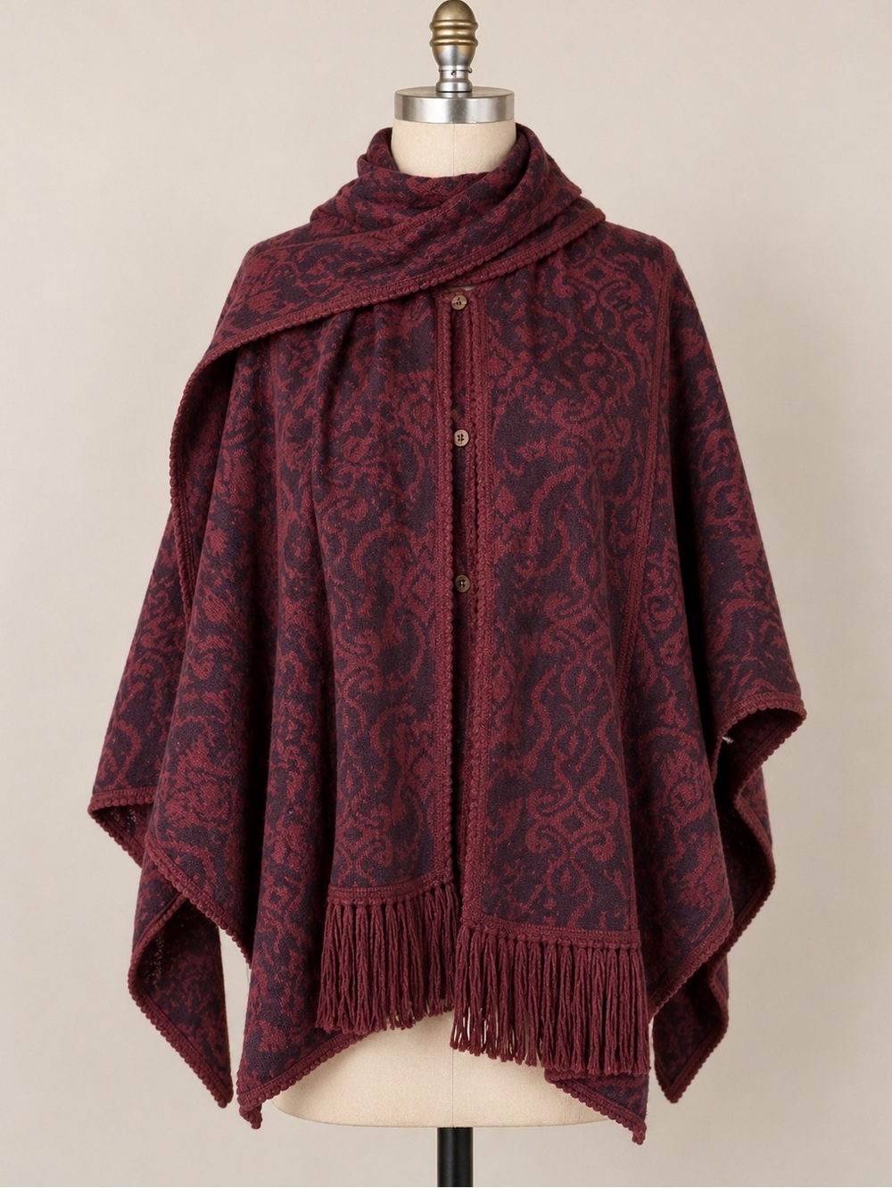 NOVICA Alpaca Wool Sweater Poncho Reversible Cape Ruana Burgundy OS Quiet Luxury